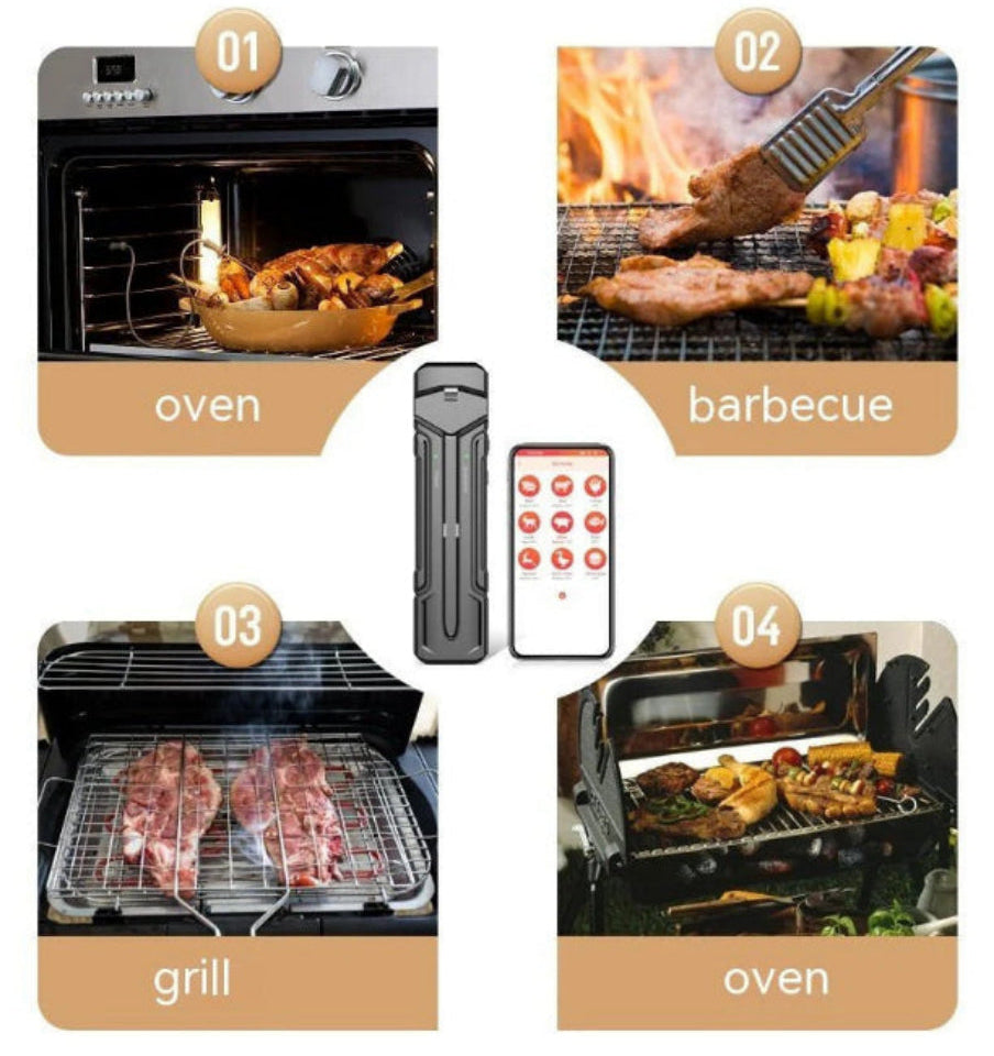 A collage showing a wireless food thermometer and its remote control, with four example scenes: 01 oven with roasted chicken, 02 barbecue with meat over flames, 03 grill with raw steaks, and 04 oven with cooked food. The thermometer is gray with a digital display, and the remote has red buttons.