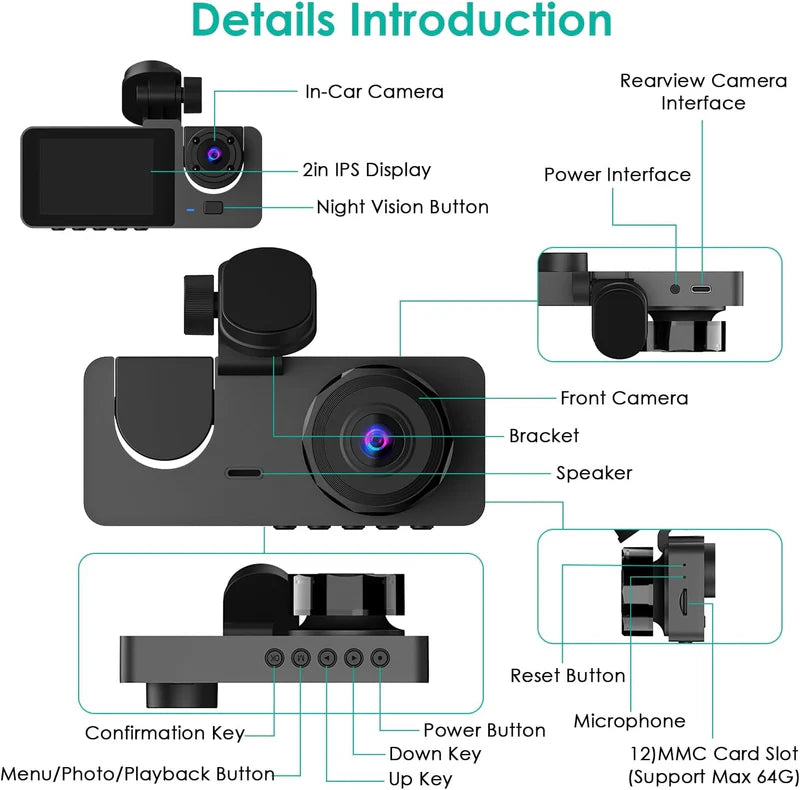 Triple Camera DVR Dash Cam
