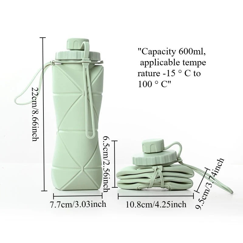 600ml Foldable Silicone Water Bottle – Reusable Leakproof Sports Bottle